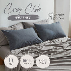 Cosy Club Cotton Bed Sheets Set Navy Grey Cover Double