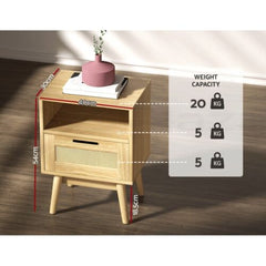 Artiss Rattan Bedside Table 1 Drawer with Shelf - REI Oak