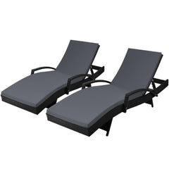 Gardeon 2 Piece Sun Lounge Wicker Lounger Outdoor Furniture Beach Chair Patio Adjustable Cushion Black