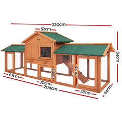 i.Pet Chicken Coop Rabbit Hutch 220cm x 44cm x 84cm Large Chicken Coop Run Wooden Outdoor Cage House