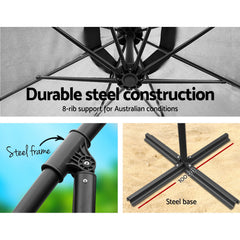 Instahut 3m Umbrella with 50cmx50cm Base Outdoor Umbrellas Cantilever Sun Stand UV Garden Grey