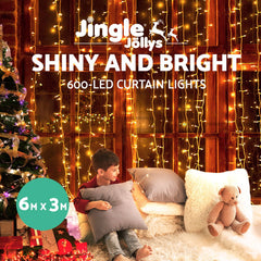 3X6M Christmas Lights Curtain Light Warm White 600 LED Jingle Jollys