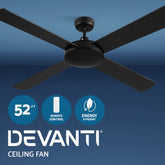 Devanti 52'' Ceiling Fan AC Motor 4 Blades w/Remote - Black