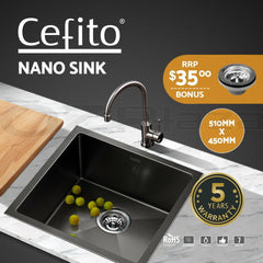 Cefito Kitchen Sink 51X45CM Stainless Steel Basin Single Bowl Black