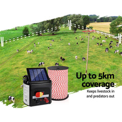 Giantz Fence Energiser 5KM Solar Powered Electric 500M Poly Rope