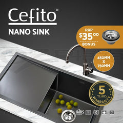 Cefito Kitchen Sink 75X45CM Stainless Steel Basin Single Bowl Black