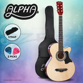 Alpha 38 Inch Acoustic Guitar Wooden Body Steel String Full Size Cutaway Wood