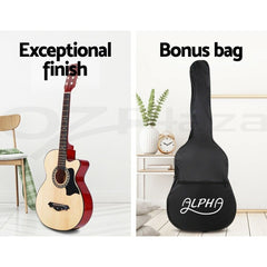 Alpha 38 Inch Acoustic Guitar Wooden Body Steel String Full Size Cutaway Wood