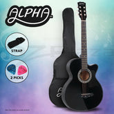 Alpha 38 Inch Acoustic Guitar Wooden Body Steel String Full Size Cutaway Black