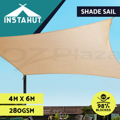 Instahut Shade Sail 4x6m Rectangle 280GSM 98% Sand Shade Cloth