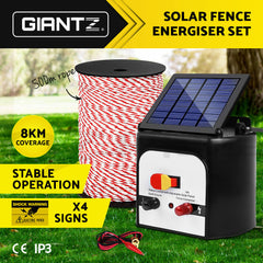 Giantz Fence Energiser 8KM Solar Powered Electric 500M Poly Rope