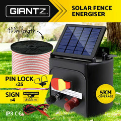 Giantz Fence Energiser 5KM Solar Powered Electric 400M Poly Tape Insulator