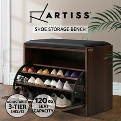 Artiss Shoe Rack Cabinet Bench15 Pairs Walnut Kyla