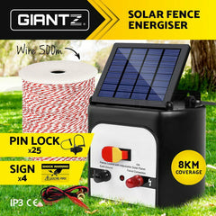 Giantz Fence Energiser 8KM Solar Powered Electric 500M Poly Wire Insulator
