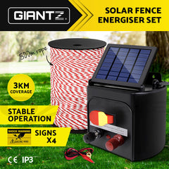 Giantz Fence Energiser 3KM Solar Powered Electric 500M Poly Rope