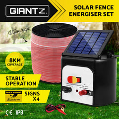 Giantz Fence Energiser 8KM Solar Powered Electric 1200M Poly Tape