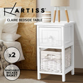 Artiss Bedside Table 1 Drawer with Basket Rustic White X2