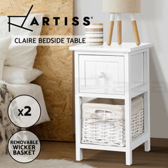 Artiss Bedside Table 1 Drawer with Basket Rustic White X2