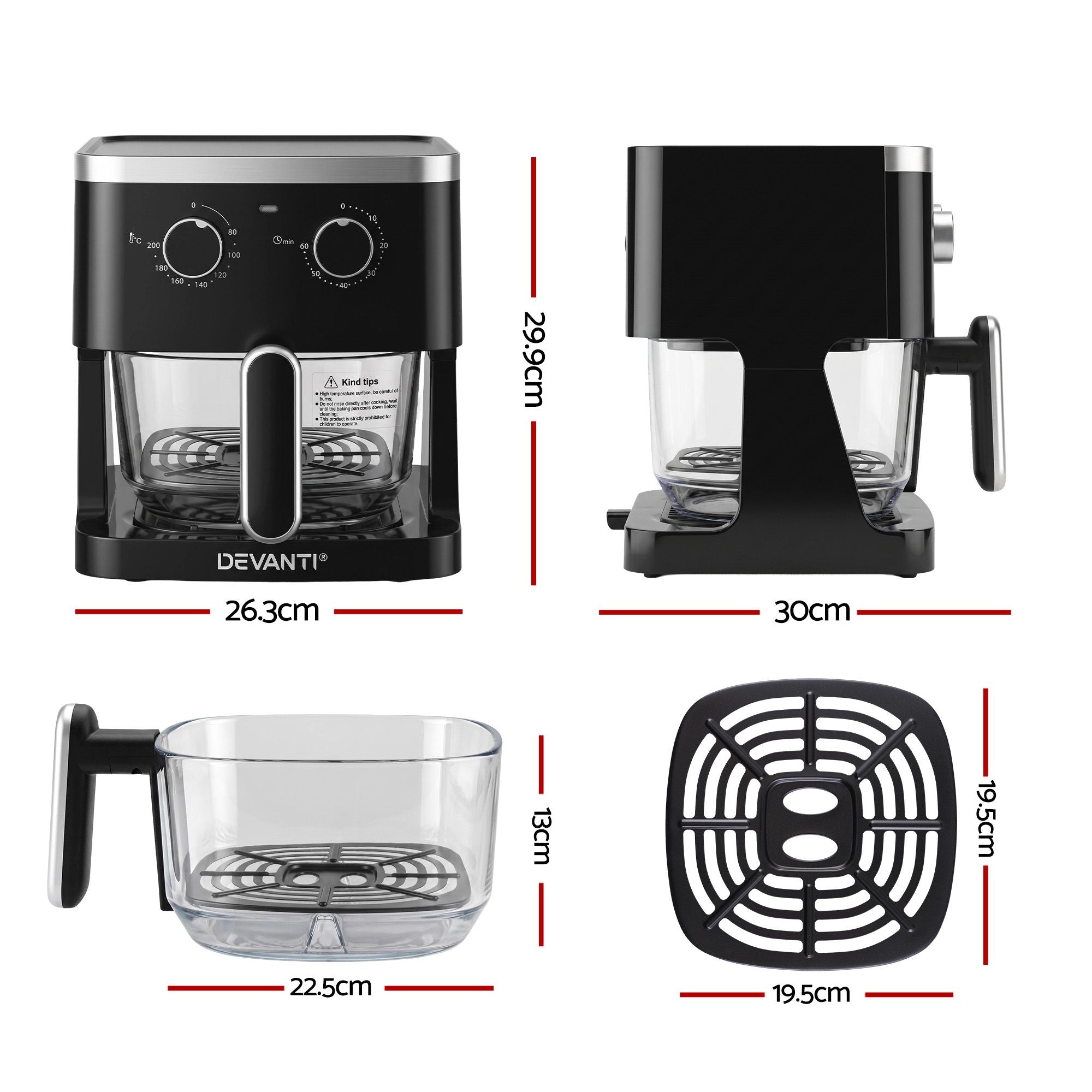 Devanti 4.5L Glass Air Fryer Kitchen Oven Knob Control 1350W Healthy Cooker