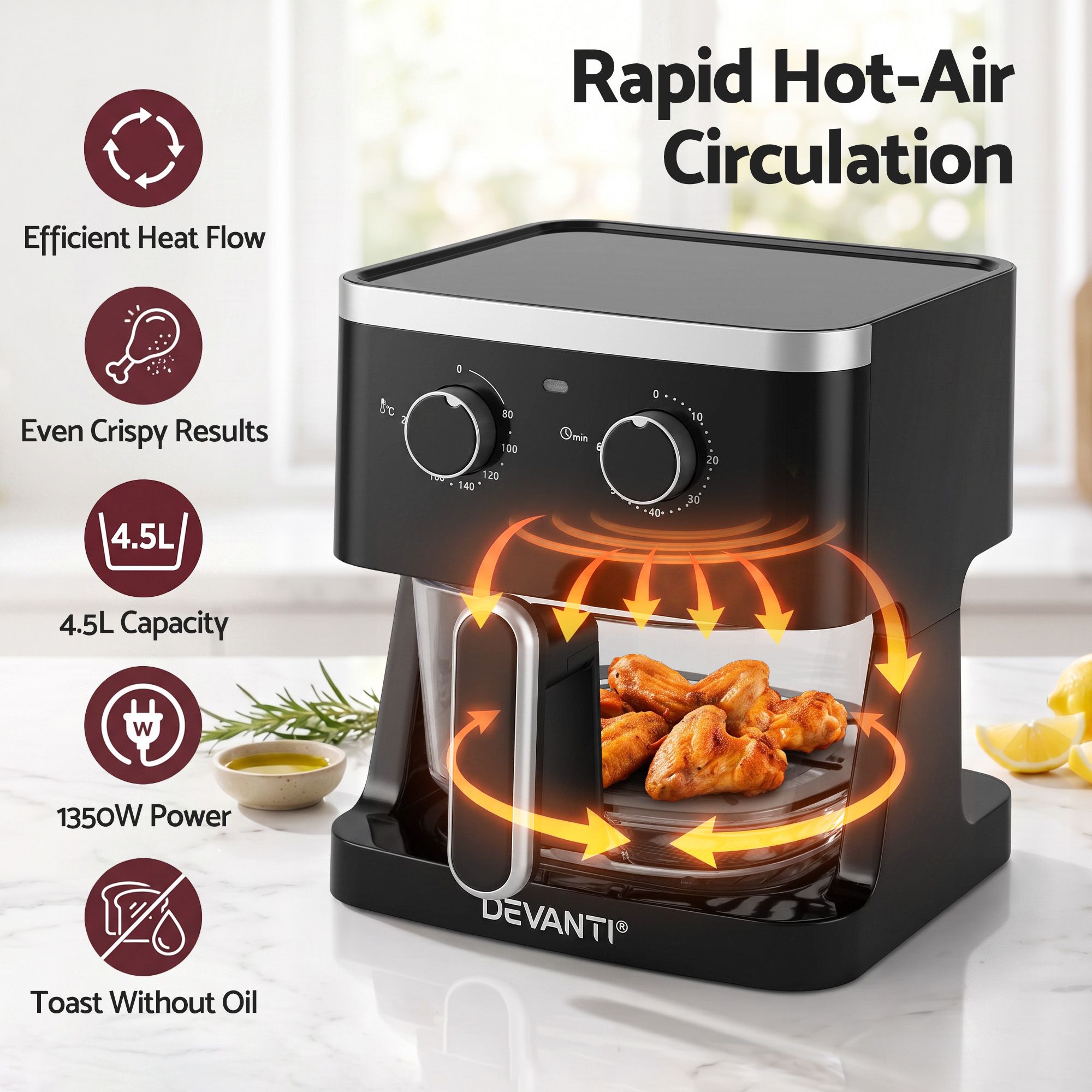 Devanti 4.5L Glass Air Fryer Kitchen Oven Knob Control 1350W Healthy Cooker