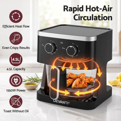 Devanti 4.5L Glass Air Fryer Kitchen Oven Knob Control 1350W Healthy Cooker