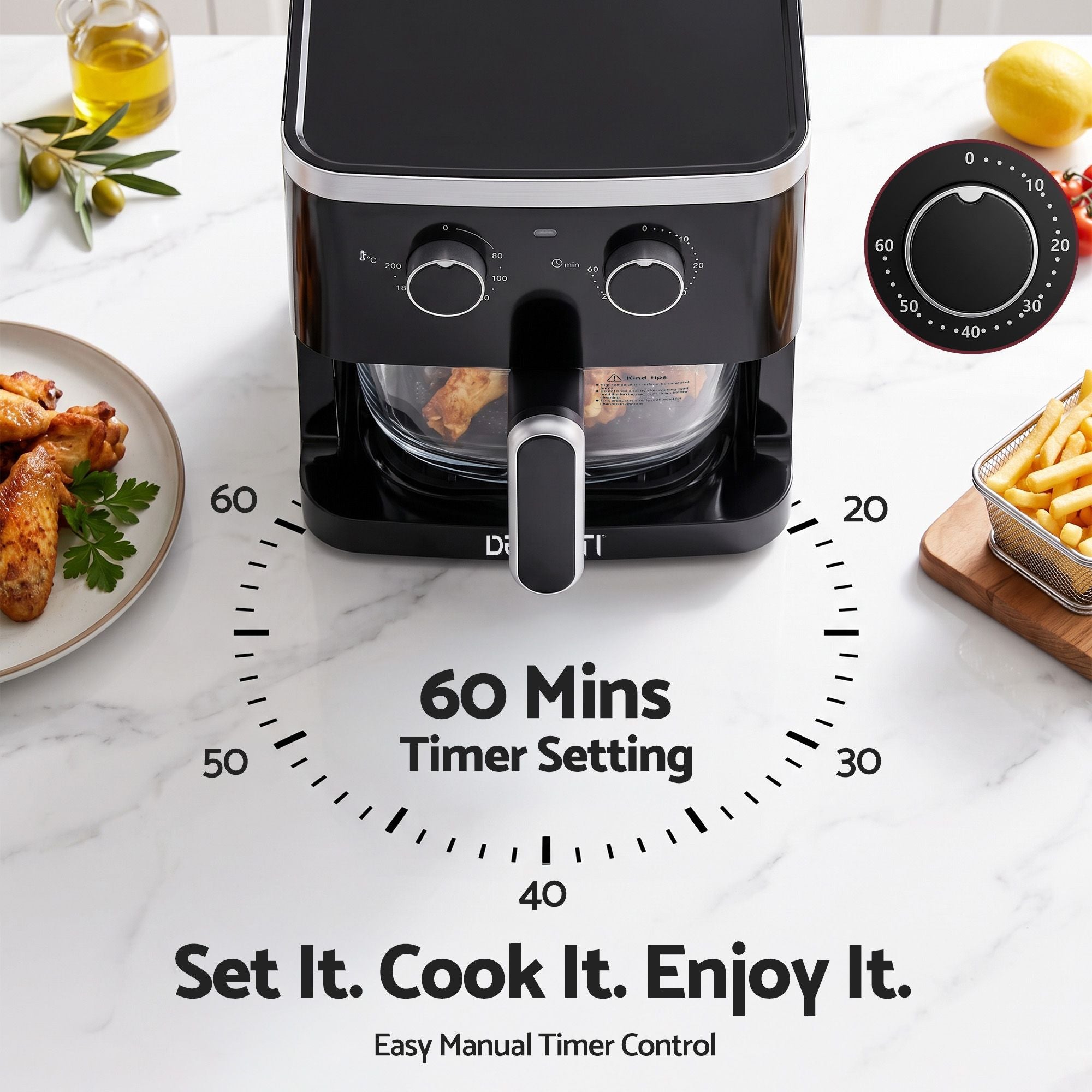 Devanti 4.5L Glass Air Fryer Kitchen Oven Knob Control 1350W Healthy Cooker