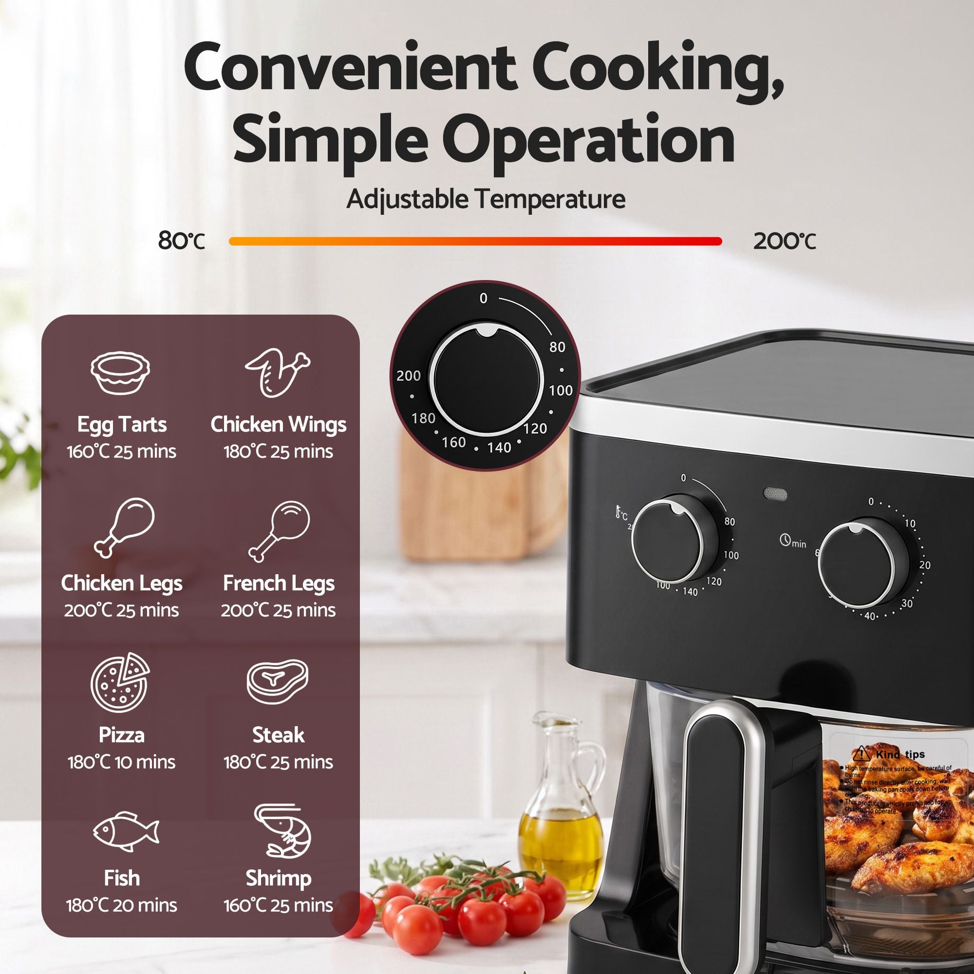 Devanti 4.5L Glass Air Fryer Kitchen Oven Knob Control 1350W Healthy Cooker