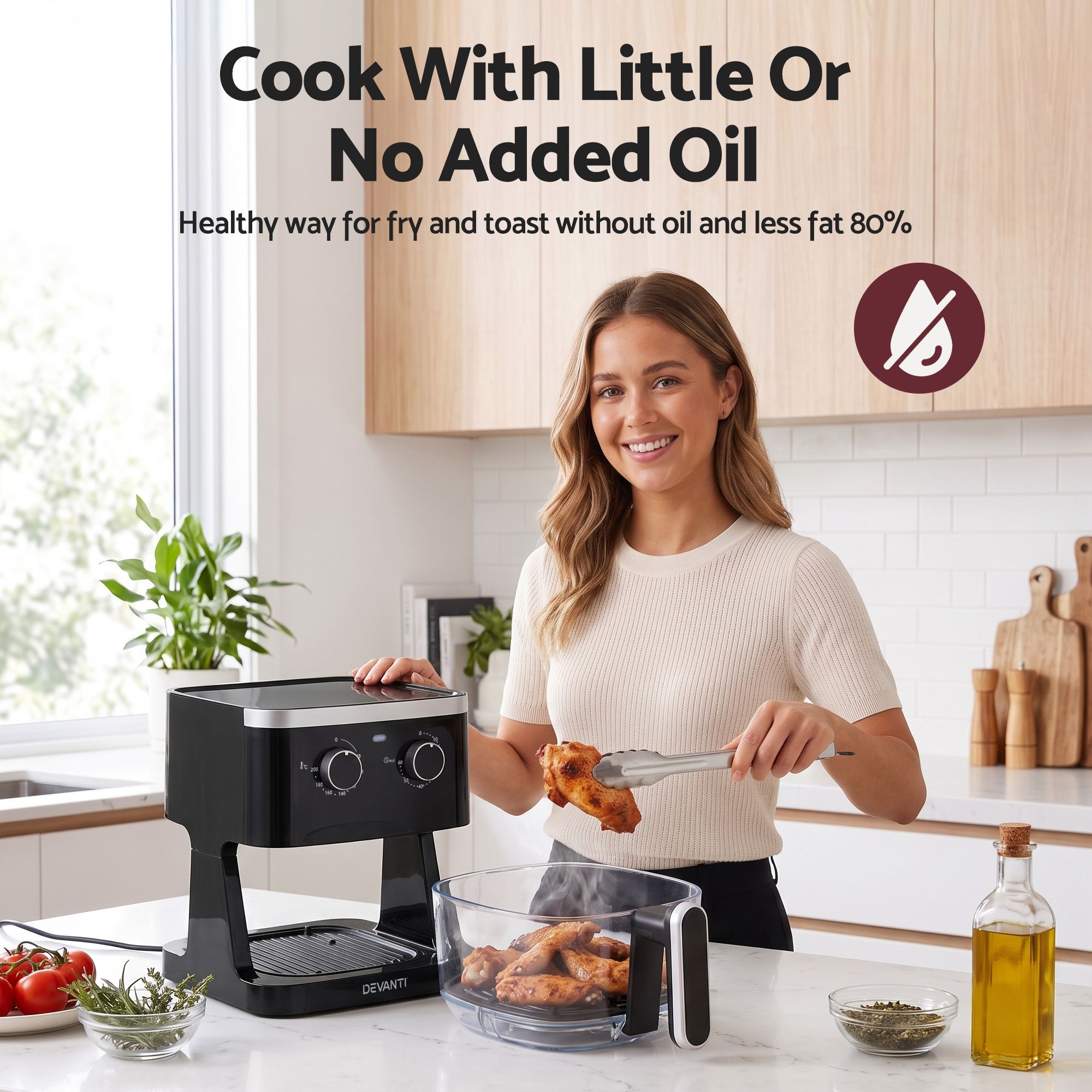 Devanti 4.5L Glass Air Fryer Kitchen Oven Knob Control 1350W Healthy Cooker