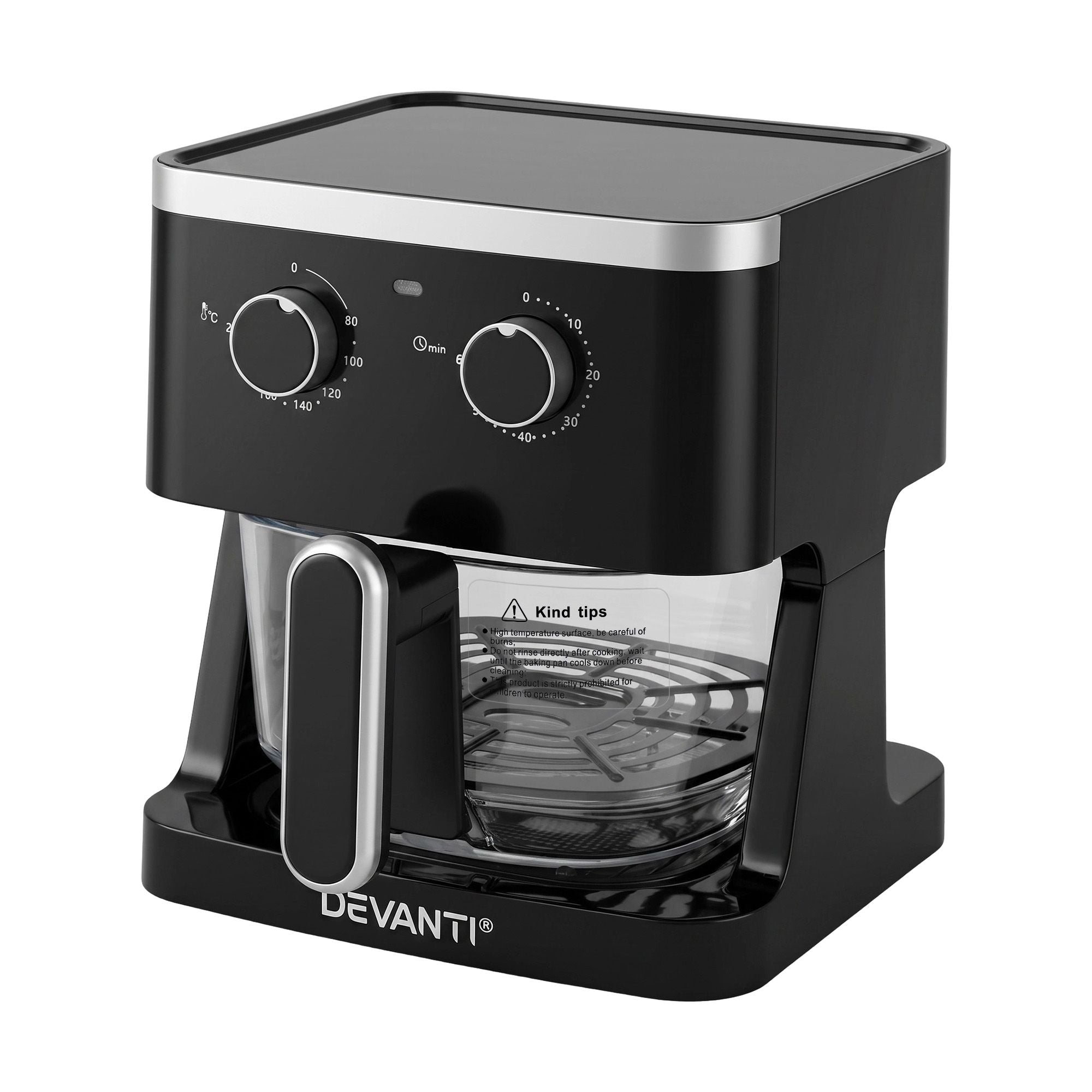 Devanti 4.5L Glass Air Fryer Kitchen Oven Knob Control 1350W Healthy Cooker