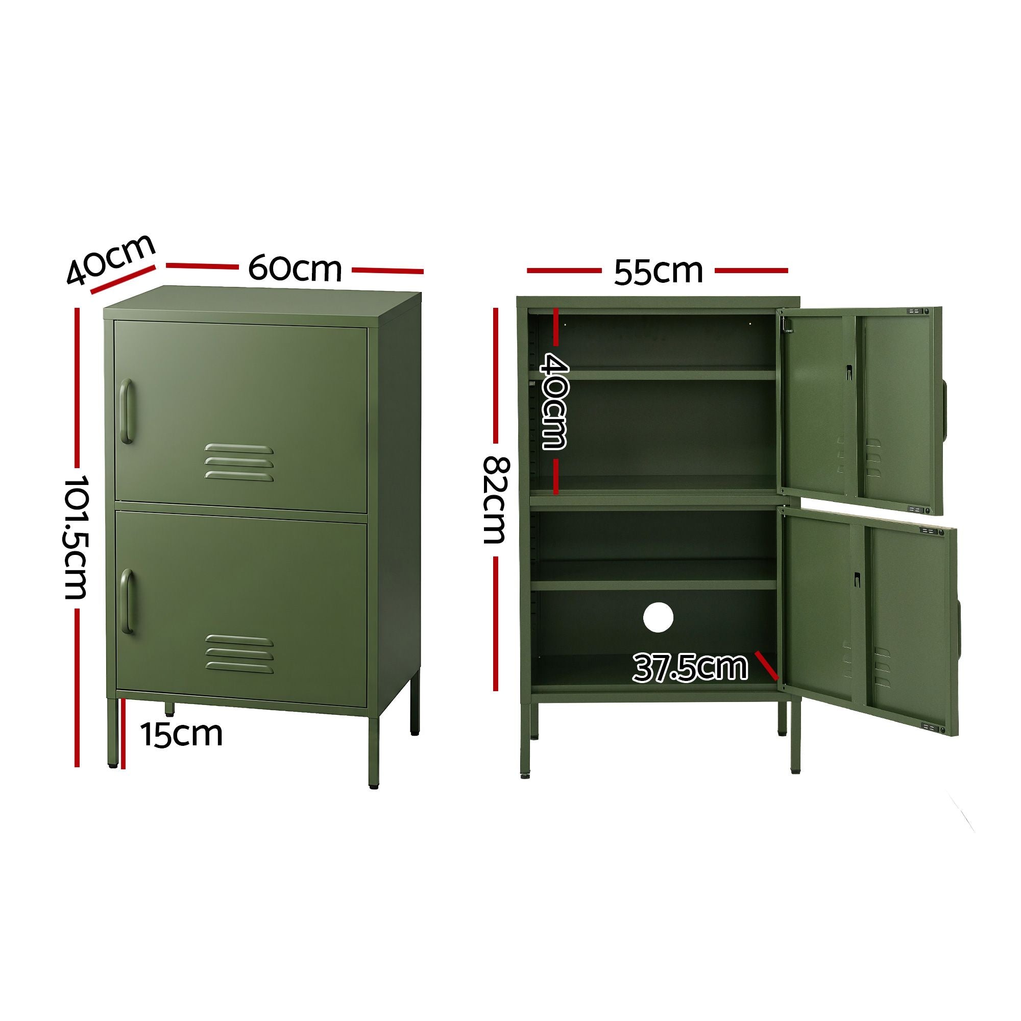 Artiss 2x Buffet Sideboard Cabinet Storage Cupboard 2 Doors Metal Green DOUBLE