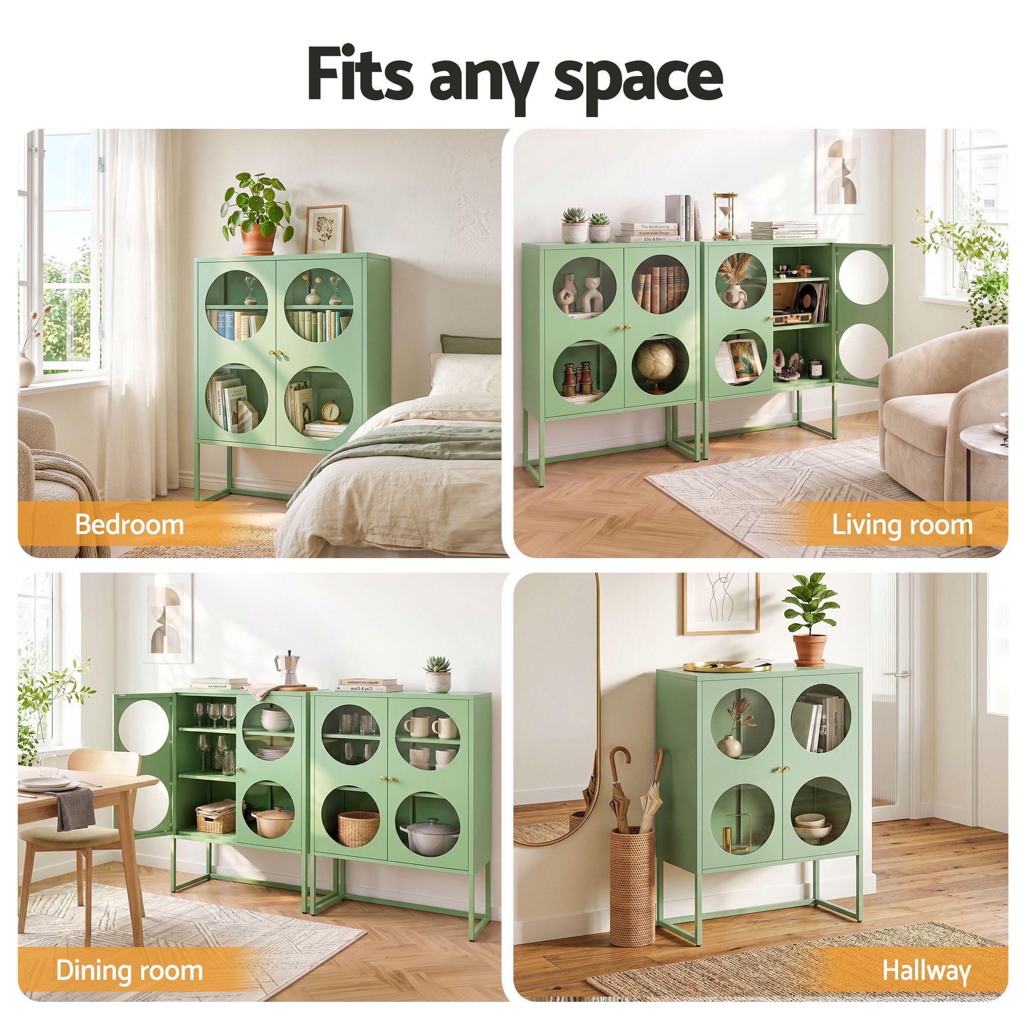 Artiss 2x Buffet Sideboard Cabinet ELLA Cupboard Storage Glass Doors Metal Green