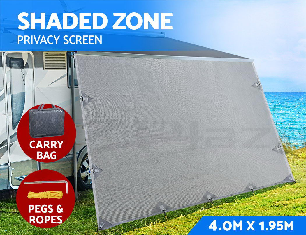 Caravan Privacy Screen Roll Out Awning 4Mx1.95M End Wall Side Sun Shade Grey