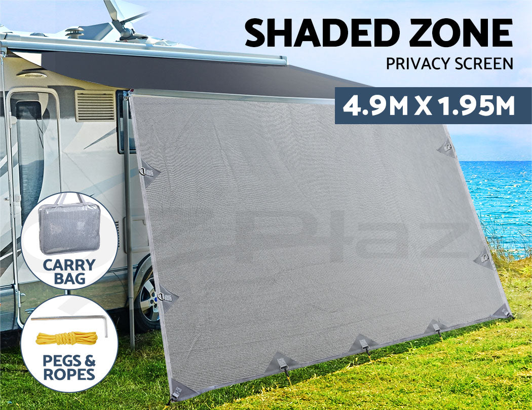 Caravan Privacy Screen Roll Out Awning 4.9x1.95M End Wall Side Sun Shade Grey