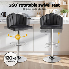 Artiss Bar Stool X2 Kitchen Dining Counter Gaslift Chair Adjustable Velvet Grey