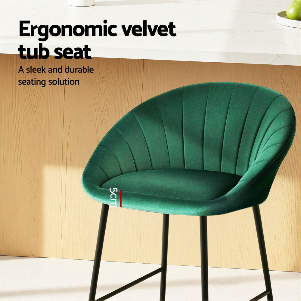 Artiss Set of 2 Bar Stools Kitchen Dining Chair Counter Stool Tub Velvet Metal Green
