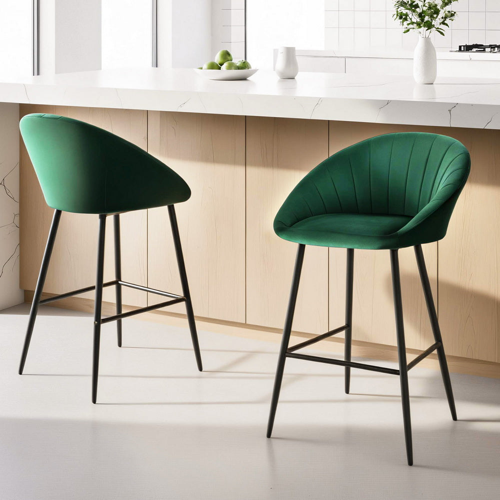 Artiss Set of 2 Bar Stools Kitchen Dining Chair Counter Stool Tub Velvet Metal Green