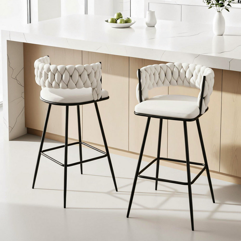 Artiss Set of 2 Bar Stools Kitchen Dining Chair Counter Stool Woven Velvet Metal Ivory