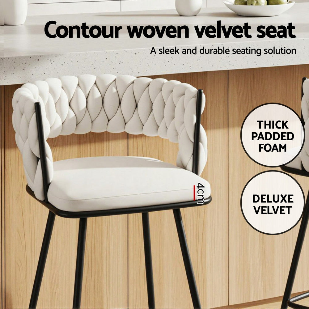 Artiss Set of 4 Bar Stools Kitchen Dining Chair Counter Stool Woven Velvet Metal Ivory