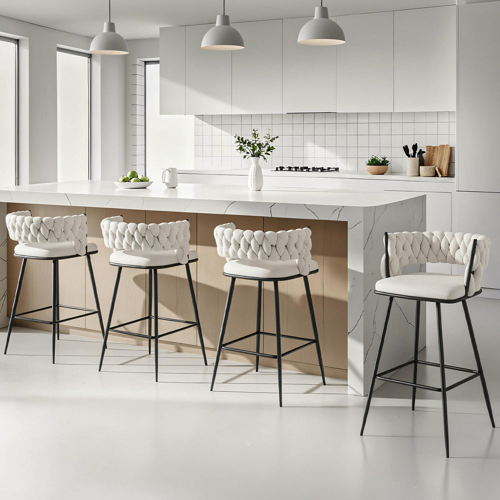 Artiss Set of 4 Bar Stools Kitchen Dining Chair Counter Stool Woven Velvet Metal Ivory
