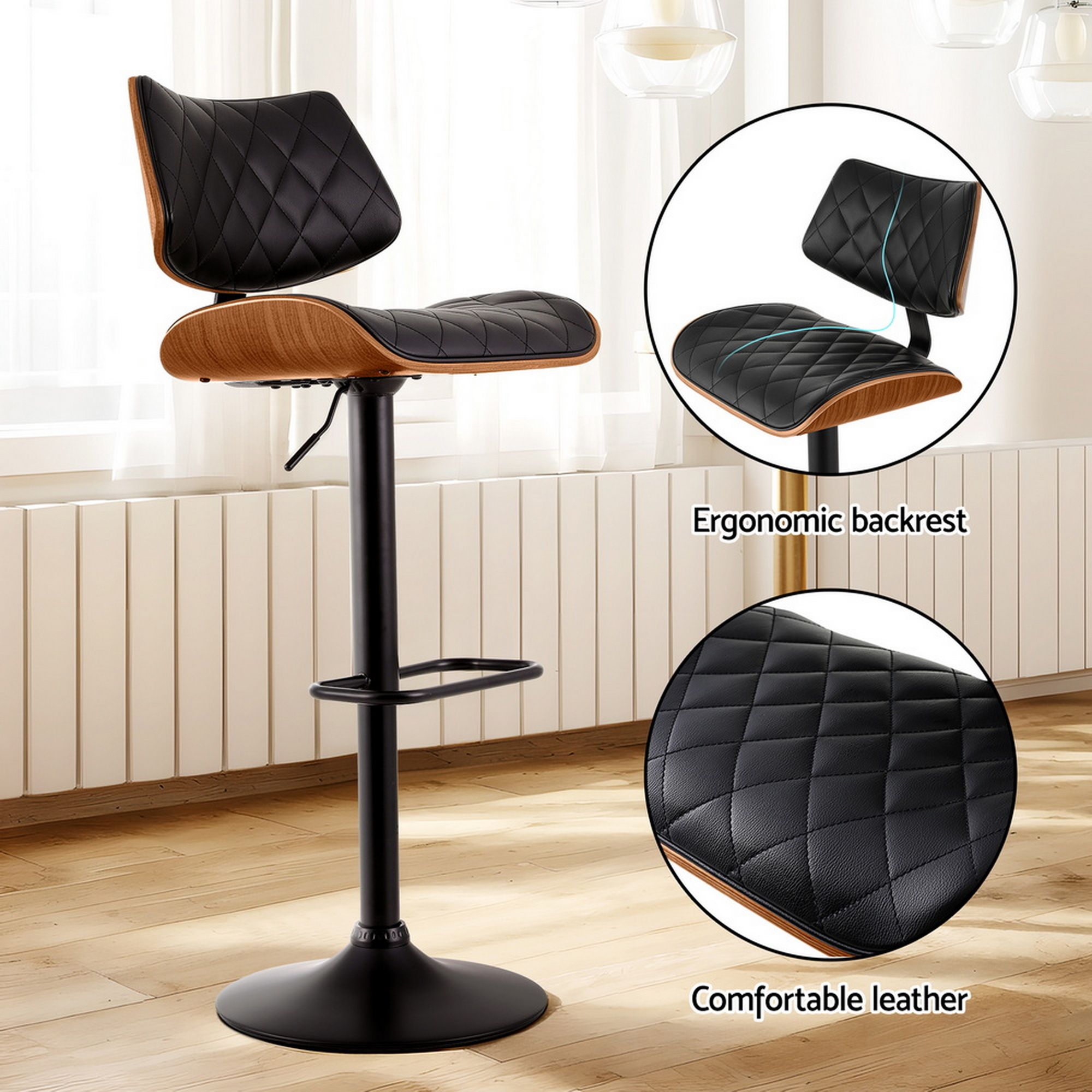 Artiss 2x Bar Stools Kitchen Dining Chairs Gas Lift Stool Wooden Leather Black