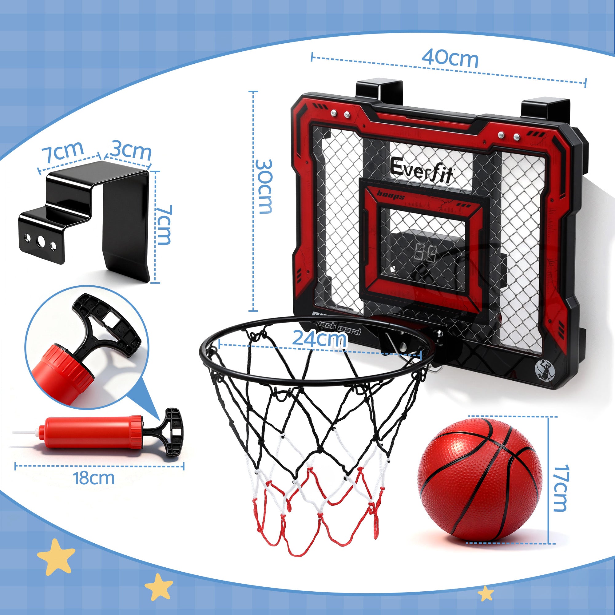 Everfit Mini Basketball Hoop Over Door Indoor LED Scoreboard Kids Set 40x30cm - Free Delivery