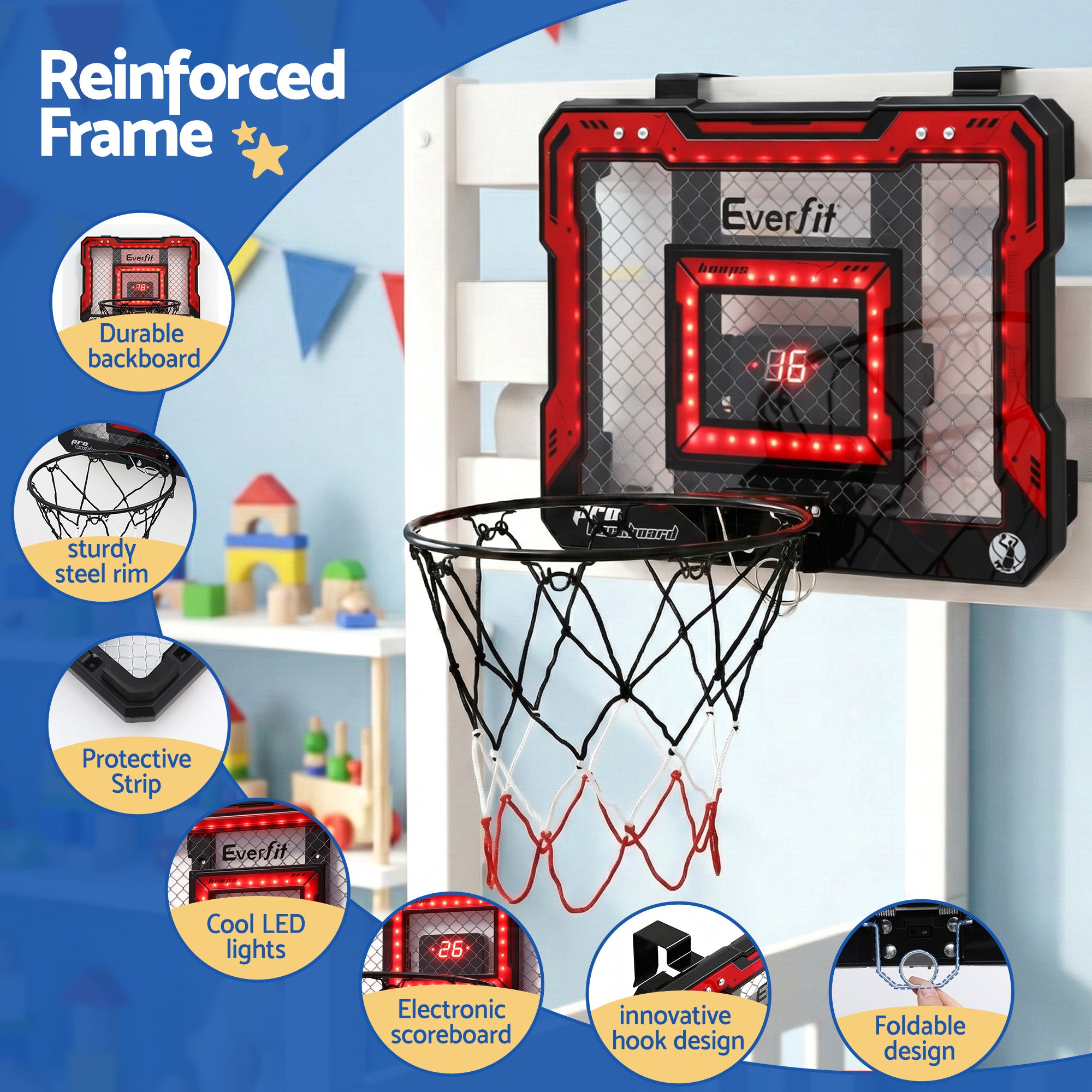 Everfit Mini Basketball Hoop Over Door Indoor LED Scoreboard Kids Set 40x30cm - Free Delivery