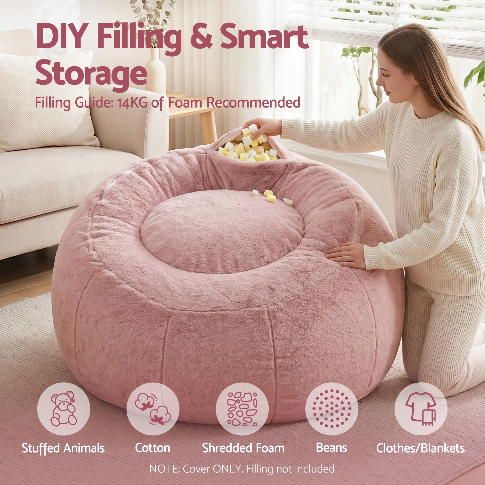 Artiss Bean Bag Chair Cover (No Filler) Soft Faux Fur Beanbag Cover Large Round Stuffed Animal Storage Bean Bag Cover Washable Lazy Sofa Cover for Adults Kids Teens, Pink