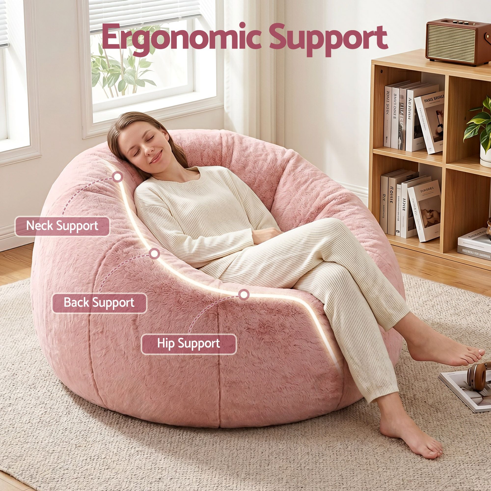Artiss Bean Bag Chair Cover (No Filler) Soft Faux Fur Beanbag Cover Large Round Stuffed Animal Storage Bean Bag Cover Washable Lazy Sofa Cover for Adults Kids Teens, Pink