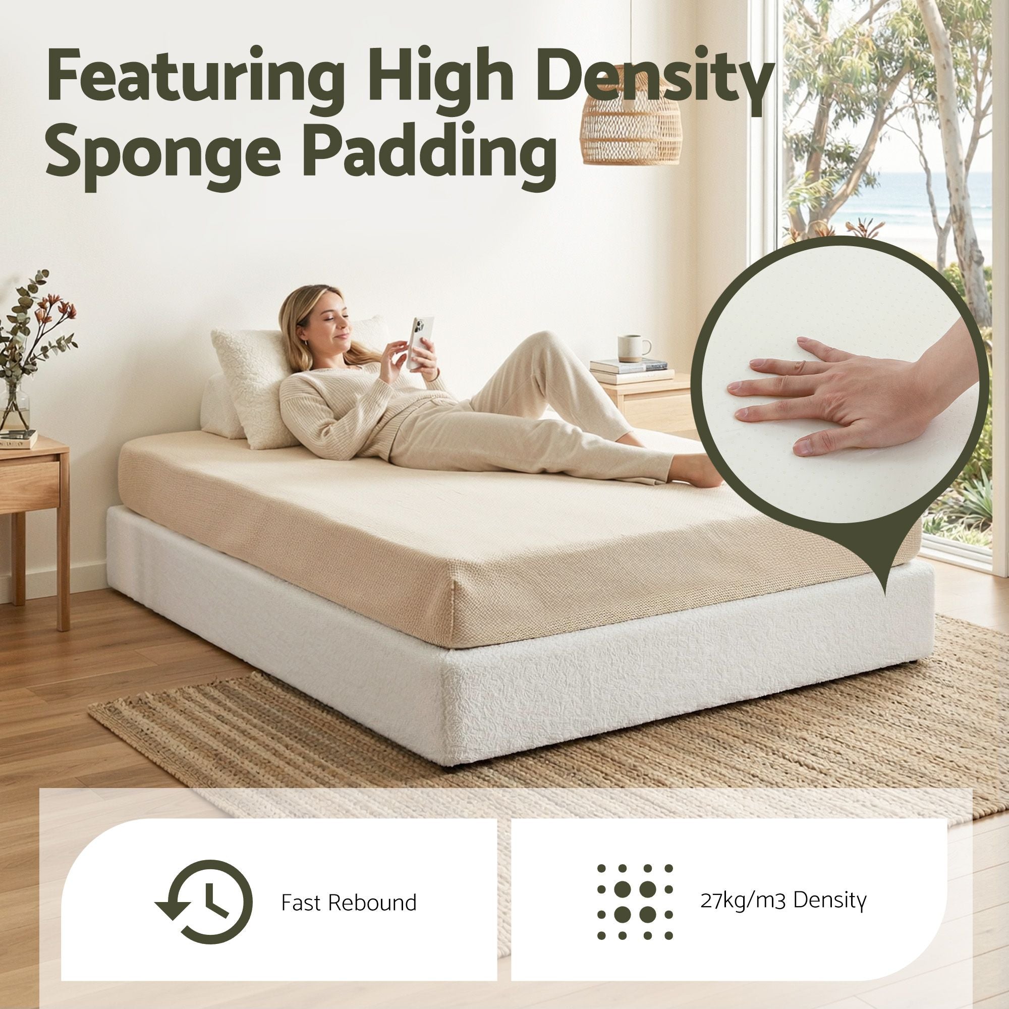 Artiss Compression Bed Frame Double Size No Assembly Vacuum High Density Sponge Boucle Cream White