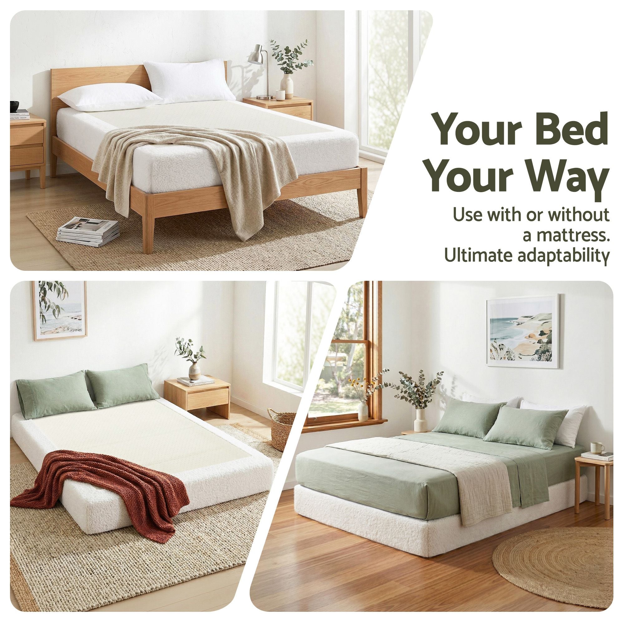 Artiss Compression Bed Frame Queen Size No Assembly Vacuum High Density Sponge Boucle Cream White
