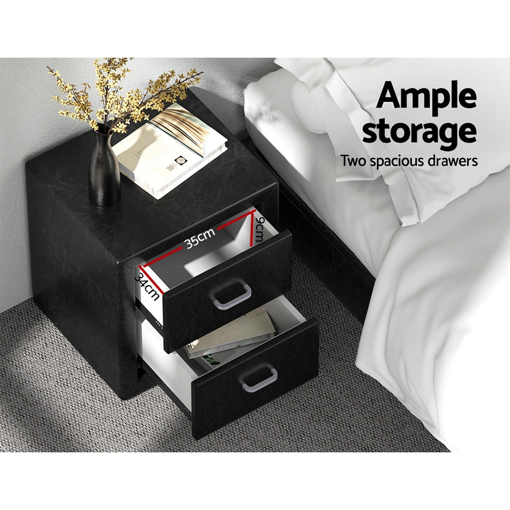 Artiss 2X Bedside Table 2 Drawers Side Table Leather - CADEN Black
