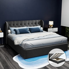 Artiss Issa Bed Frame Fabric Gas Lift Storage - Charcoal King