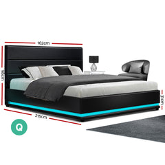 Artiss Lumi LED Bed Frame PU Leather Gas Lift Storage - Black Queen