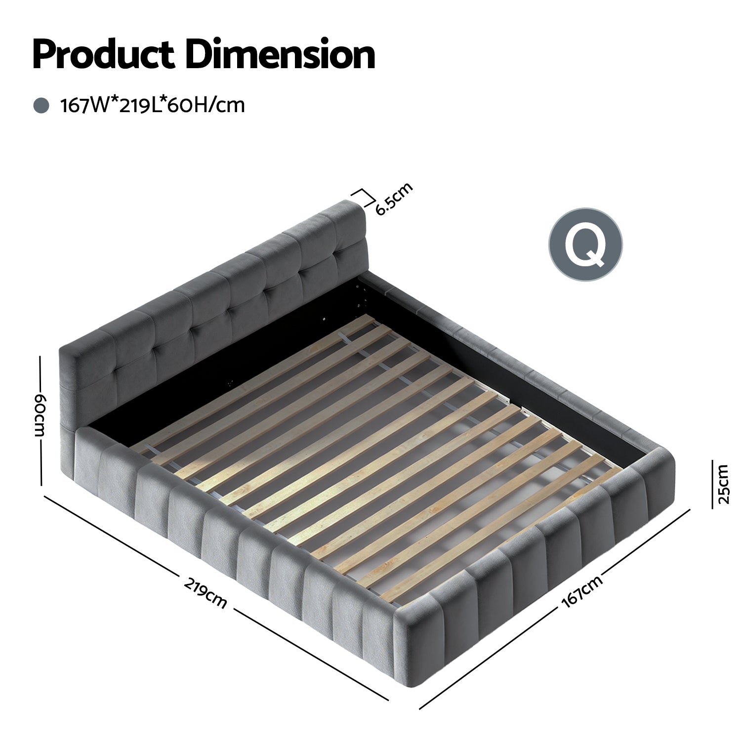 Artiss Queen Size Bed Frame Plush Soft Headboard Velvet Platform Base for Modern Bedrooms Grey